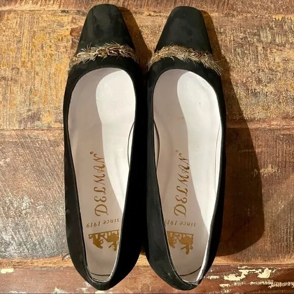 Vintage Delman Black Suede Square Toe Kitten Heels