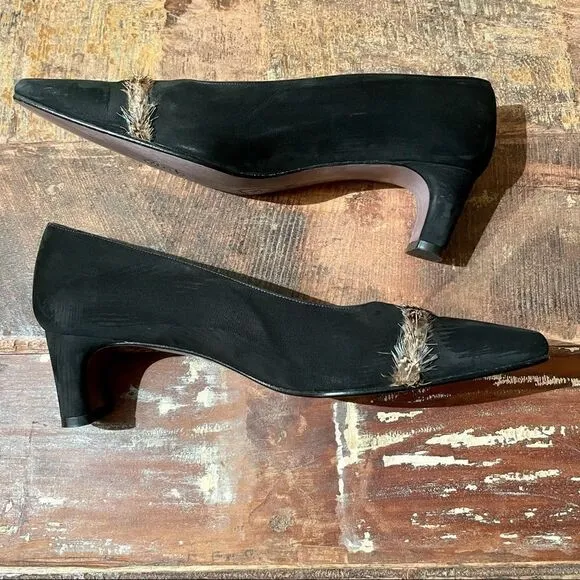 Vintage Delman Black Suede Square Toe Kitten Heels