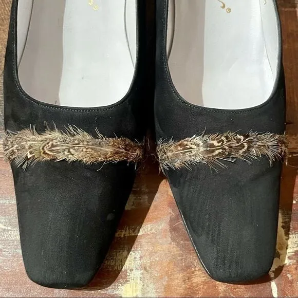 Vintage Delman Black Suede Square Toe Kitten Heels
