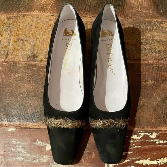 Vintage Delman Black Suede Square Toe Kitten Heels