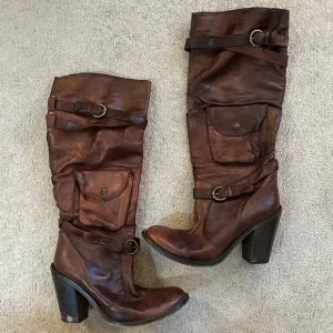 Vintage Francesco Morichetti leather tall distressed chunk heel boots brown US 9