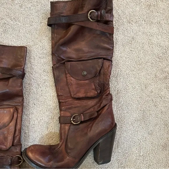 Vintage Francesco Morichetti leather tall distressed chunk heel boots brown US 9
