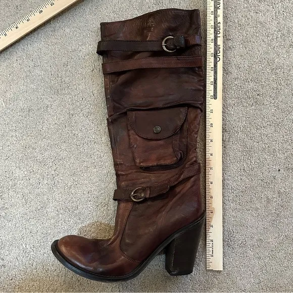 Vintage Francesco Morichetti leather tall distressed chunk heel boots brown US 9