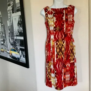 Vintage JONES NEW YORK dress, bold red/white/orange sleeveless, back zip. 4P NWT