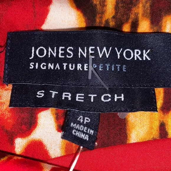 Vintage JONES NEW YORK dress, bold red/white/orange sleeveless, back zip. 4P NWT