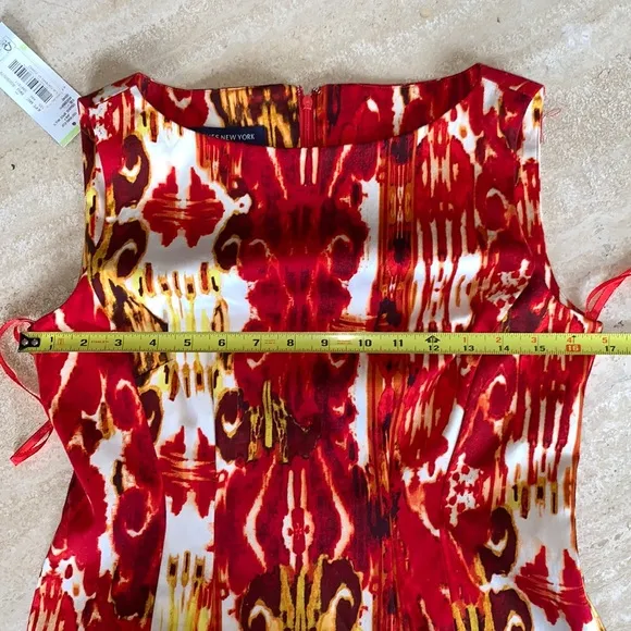 Vintage JONES NEW YORK dress, bold red/white/orange sleeveless, back zip. 4P NWT