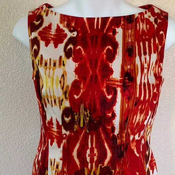 Vintage JONES NEW YORK dress, bold red/white/orange sleeveless, back zip. 4P NWT