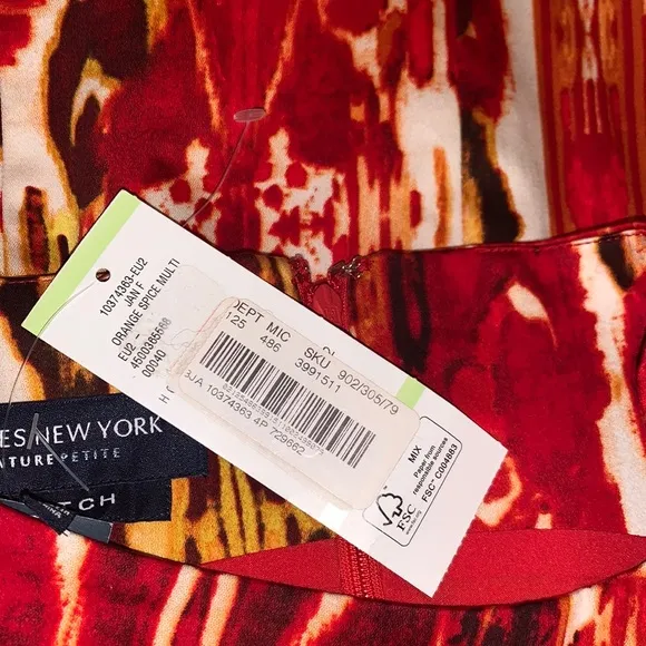 Vintage JONES NEW YORK dress, bold red/white/orange sleeveless, back zip. 4P NWT