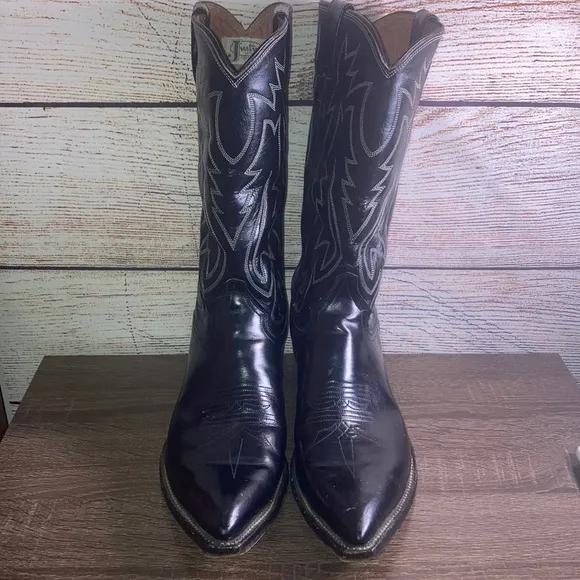 Vintage Men's Justin Black Cowboy Boots Size 9 1/2D  Pointed Toe Cowboy