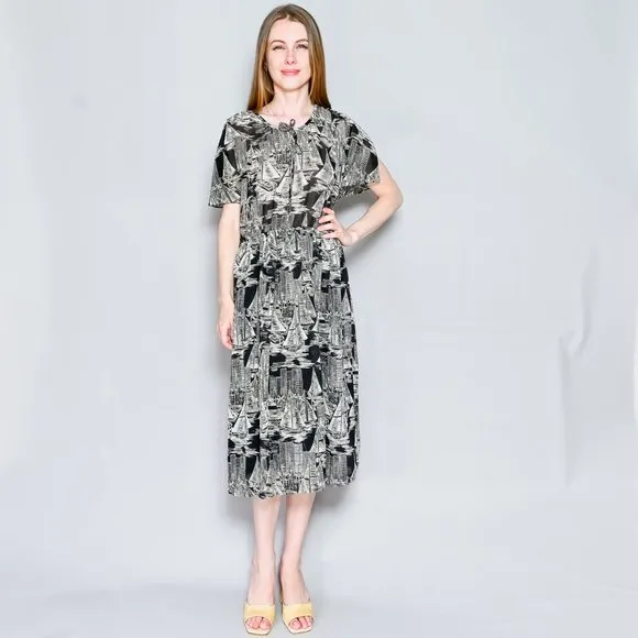 VINTAGE Miami Marina Print Flowy Midi Dress RARE S M L