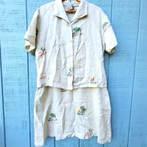 Vintage Mill Valley 100% Linen Sailboat Print Dress Top set size M/L Ivory