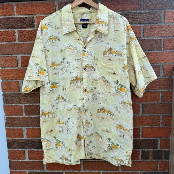 Vintage Patagonia Organic Cotton AC Print Beach Hawaiian Shirt Mens Large 53304