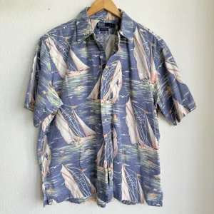 Vintage Polo Ralph Lauren Camp Shirt Men's Large Hawaiian Boat Print Blue