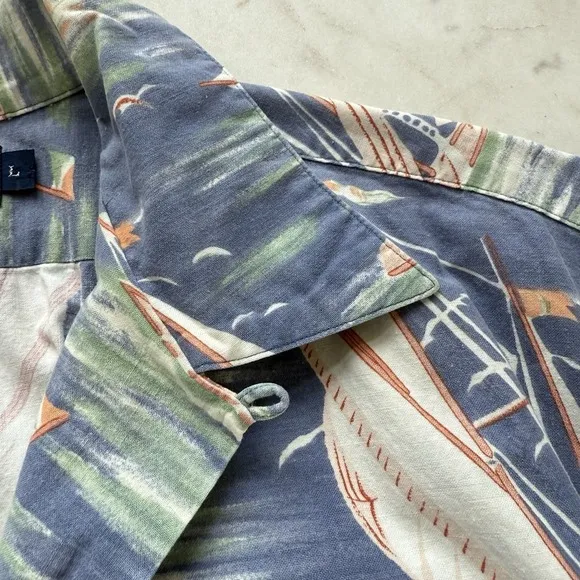Vintage Polo Ralph Lauren Camp Shirt Men's Large Hawaiian Boat Print Blue