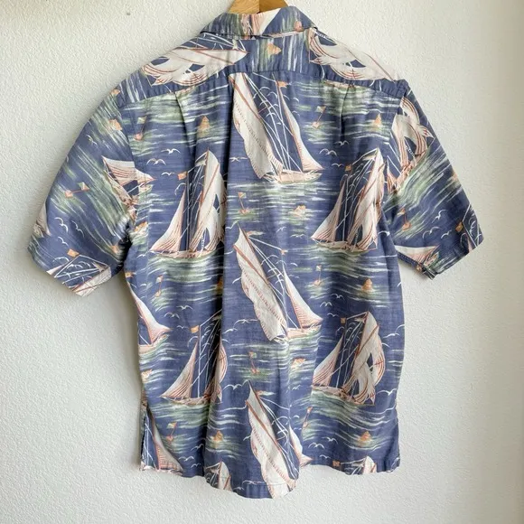 Vintage Polo Ralph Lauren Camp Shirt Men's Large Hawaiian Boat Print Blue