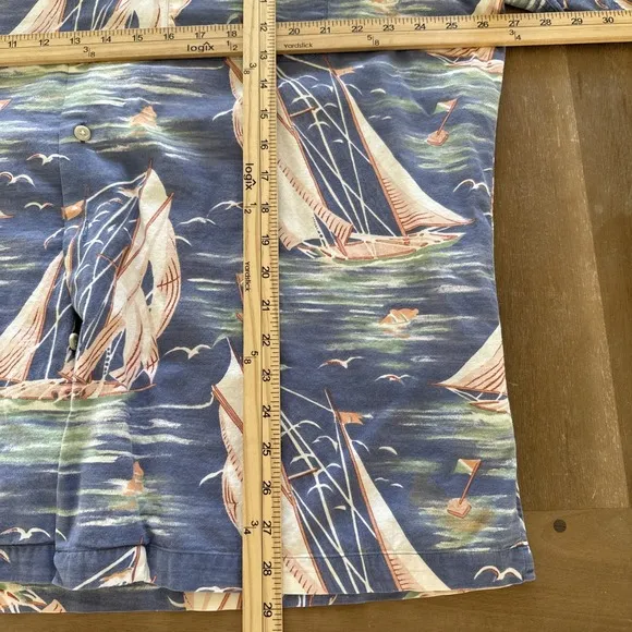 Vintage Polo Ralph Lauren Camp Shirt Men's Large Hawaiian Boat Print Blue
