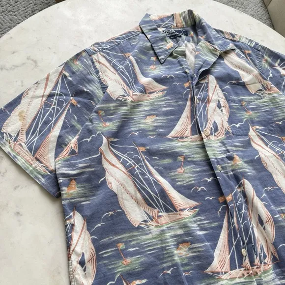 Vintage Polo Ralph Lauren Camp Shirt Men's Large Hawaiian Boat Print Blue