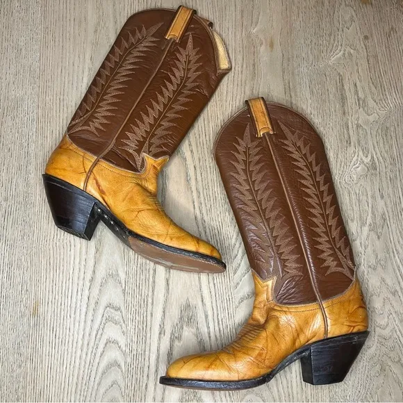 Vintage Tony Lama Marble Leather Two Tone Brown Western Cowboy Boots Women’s 6