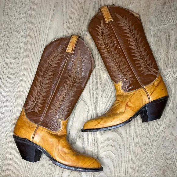 Vintage Tony Lama Marble Leather Two Tone Brown Western Cowboy Boots Women’s 6