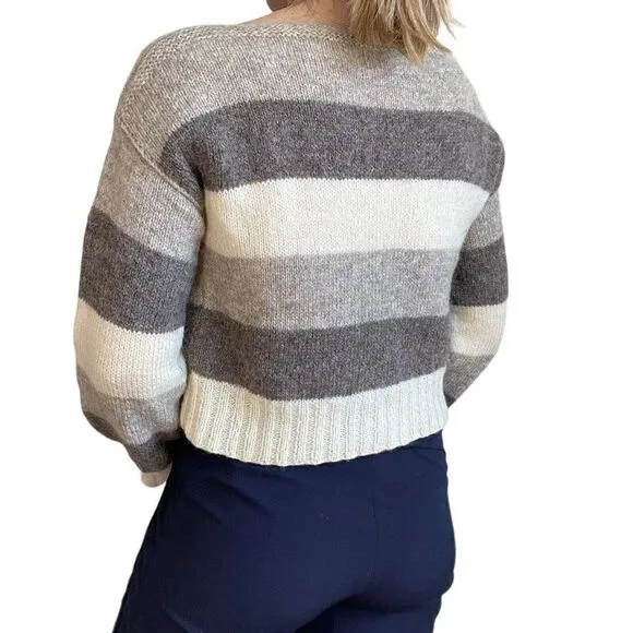 Vintage Womens Hand Knit Striped Brown Cream 100% Wool Soft Boat Neck Sweater