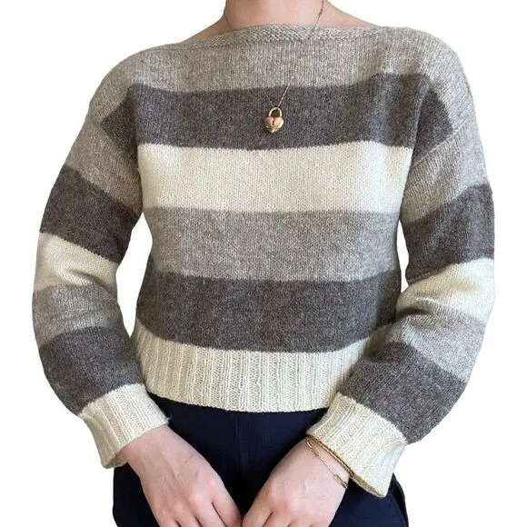 Vintage Womens Hand Knit Striped Brown Cream 100% Wool Soft Boat Neck Sweater