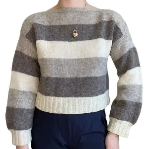 Vintage Womens Hand Knit Striped Brown Cream 100% Wool Soft Boat Neck Sweater
