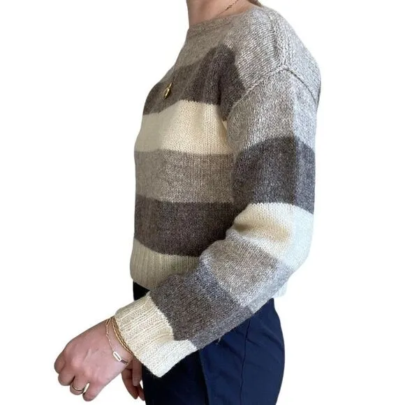 Vintage Womens Hand Knit Striped Brown Cream 100% Wool Soft Boat Neck Sweater