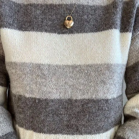 Vintage Womens Hand Knit Striped Brown Cream 100% Wool Soft Boat Neck Sweater