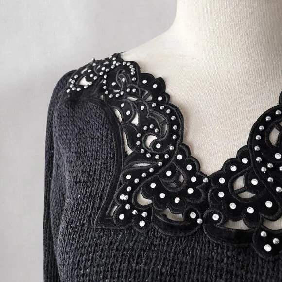 Vintage Wool Blend Embroidered Sweater Sz M Black Hand Knit Beaded Rhinestones