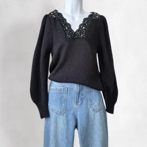 Vintage Wool Blend Embroidered Sweater Sz M Black Hand Knit Beaded Rhinestones