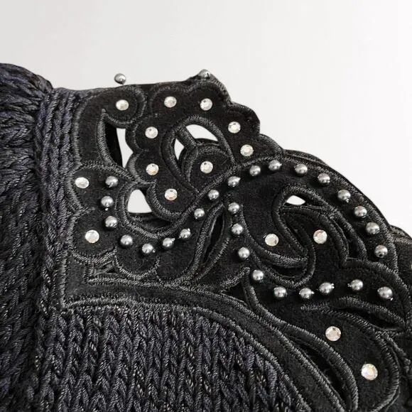 Vintage Wool Blend Embroidered Sweater Sz M Black Hand Knit Beaded Rhinestones
