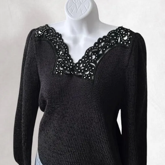 Vintage Wool Blend Embroidered Sweater Sz M Black Hand Knit Beaded Rhinestones