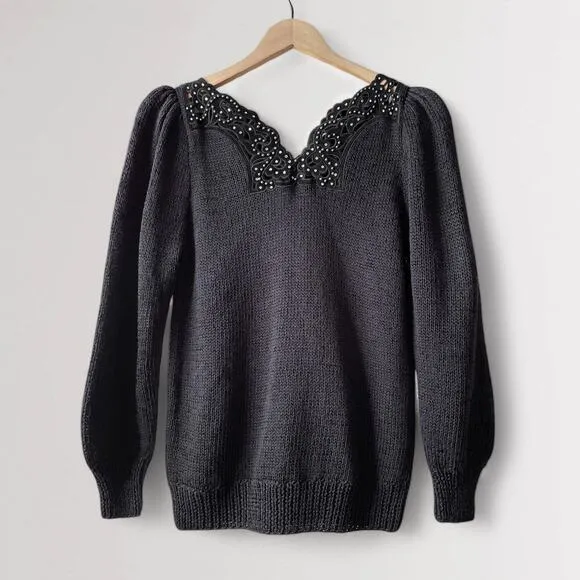 Vintage Wool Blend Embroidered Sweater Sz M Black Hand Knit Beaded Rhinestones