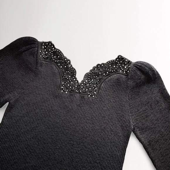 Vintage Wool Blend Embroidered Sweater Sz M Black Hand Knit Beaded Rhinestones