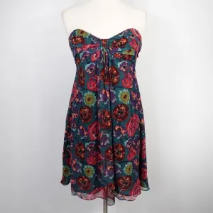 Vintage Y2K Betsey Johnson Floral Silk  Babydoll Strapless Dress 6 Made in USA
