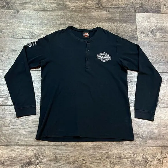Vintage Y2K Harley-Davidson Black Bar &amp; Shield Thermal Henley Buddy Stubbs Large