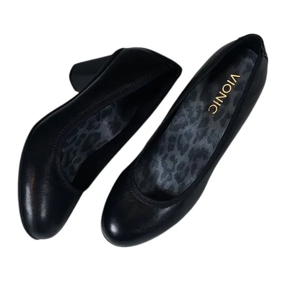 Vionic Mabrey Round Toe Block Heel Pumps Comfortable Leather Shoes Black 7 New