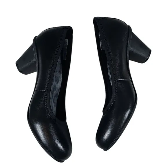 Vionic Mabrey Round Toe Block Heel Pumps Comfortable Leather Shoes Black 7 New