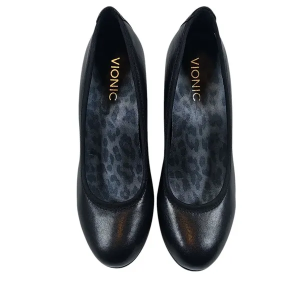 Vionic Mabrey Round Toe Block Heel Pumps Comfortable Leather Shoes Black 7 New