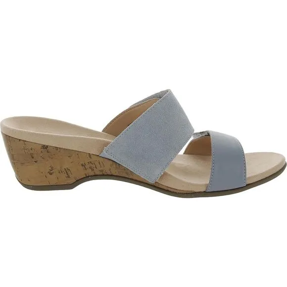 Vionic Womens Bayu Blue Leather Slip On Heel Wedge Sandals Shoes New