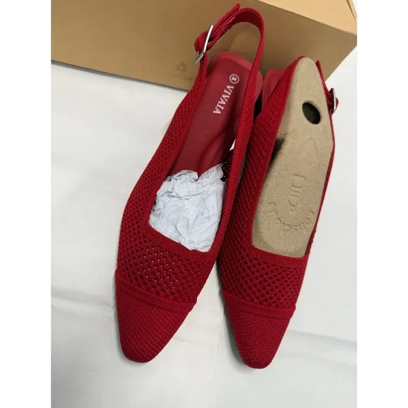 Vivaia Slingback Block Heel Knit Pointed Toe Pumps Red Shoes Size EU/37 US/6.5