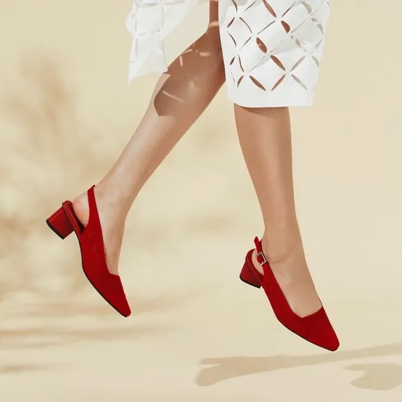 Vivaia Slingback Block Heel Knit Pointed Toe Pumps Red Shoes Size EU/37 US/6.5