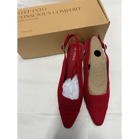 Vivaia Slingback Block Heel Knit Pointed Toe Pumps Red Shoes Size EU/37 US/6.5
