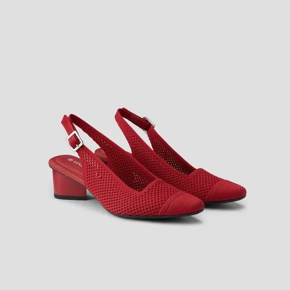 Vivaia Slingback Block Heel Knit Pointed Toe Pumps Red Shoes Size EU/37 US/6.5