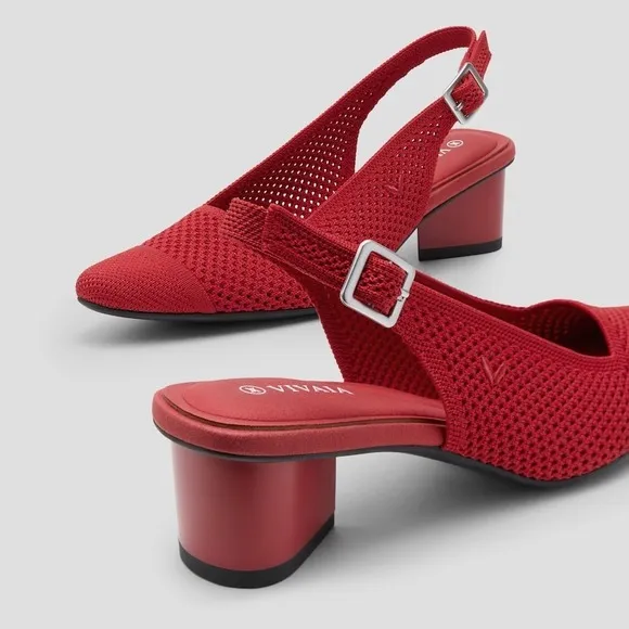 Vivaia Slingback Block Heel Knit Pointed Toe Pumps Red Shoes Size EU/37 US/6.5