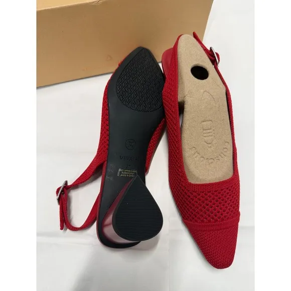 Vivaia Slingback Block Heel Knit Pointed Toe Pumps Red Shoes Size EU/37 US/6.5