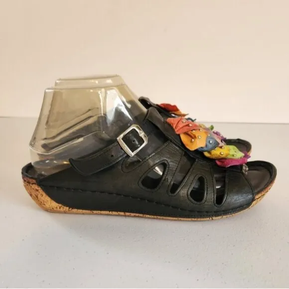 Volks Walkers Black Open Toe Clogs Slip On Shoes Leather Floral Size 39 8 8.5