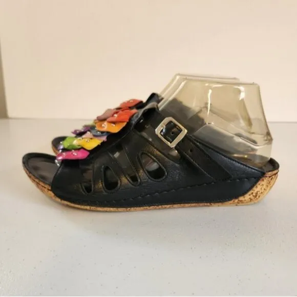Volks Walkers Black Open Toe Clogs Slip On Shoes Leather Floral Size 39 8 8.5