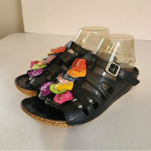 Volks Walkers Black Open Toe Clogs Slip On Shoes Leather Floral Size 39 8 8.5