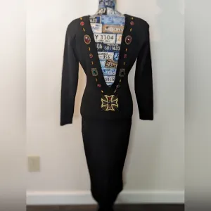 VTG 80s Andrea Jovine SEXY Black Knit 100% Wool Jeweled Low Back Dress